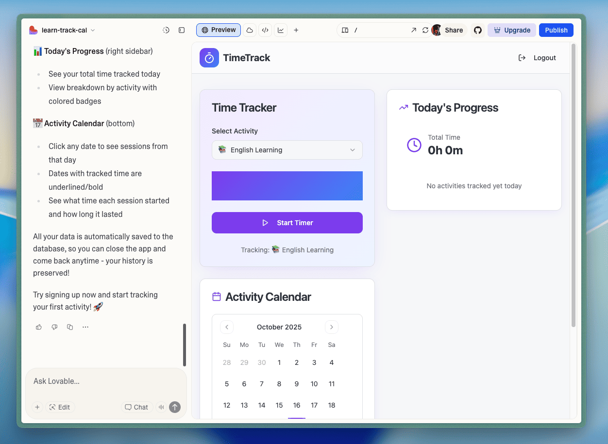 Интерфейс приложения Lovable — процесс работы